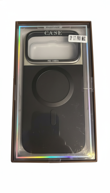 iPhone 17 Pro Max case, MagSafe-compatible, black and cream silver, shockproof, with raised camera protection