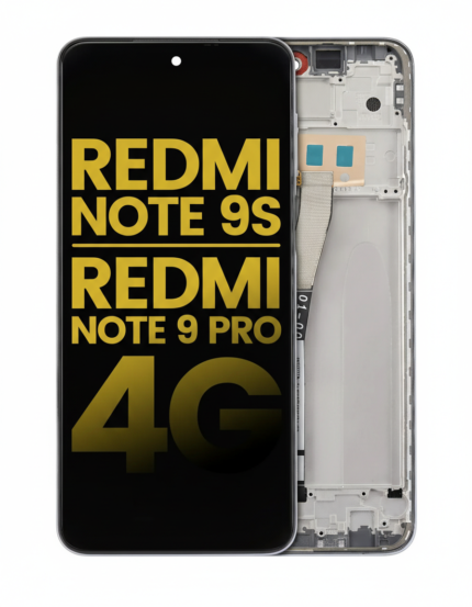 Refurbished LCD assembly with white frame for Xiaomi Redmi Note 9S and Note 9 Pro 4G, showing display and connectors