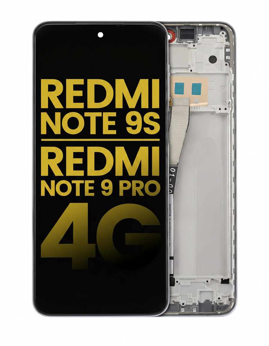 lHcnmh.png Refurbished LCD assembly with white frame for Xiaomi Redmi Note 9S and Note 9 Pro 4G, showing display and connectors