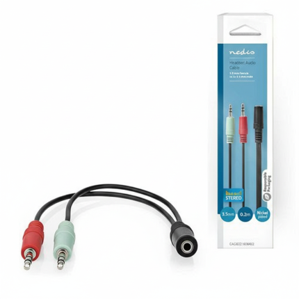 Nedis 3.5mm headset audio adapter cable, black, 0.2m length, female to dual male, gold-plated connectors