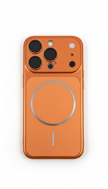 iPhone 16 Pro in MagSafe Pro Conversion Case, orange metallic finish, triple-camera aesthetic cover, Apple logo visible