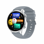 J14 Round 1.75-inch AMOLED Smart Watch in silver with grey silicone strap, vibrant circular display