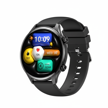 J14 1.75 inch round AMOLED sports smartwatch in black with large screen, wireless calling, and silicone strap
