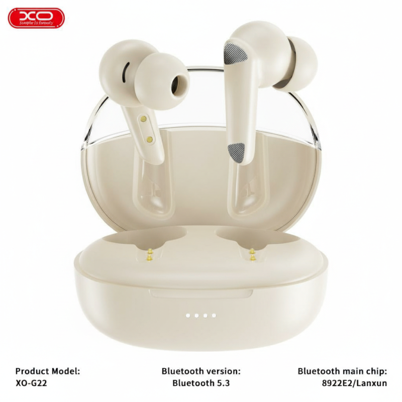 G22 Meow Star TWS Bluetooth Earphones with dual mic ANC+ENC, transparent charging case, in beige