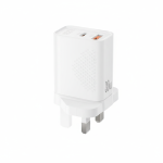 XO L163 30W white fast charger with dual USB-A and USB-C ports, UK 3-pin plug, compact design