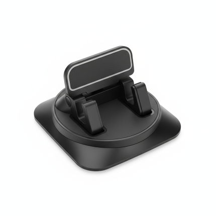 XO Universal 360° Rotating Car Dashboard Phone Holder in matte black clipped to car central console, holding smartphone securely