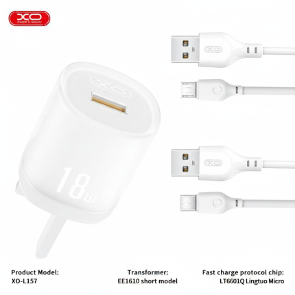 XO-L157 18W QC3.0 fast charging wall charger with UK 3-pin plug and Micro cable, white finish