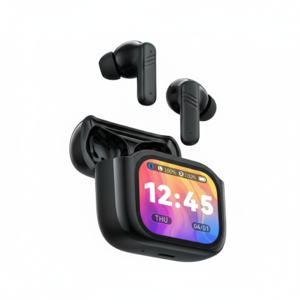 XO-X50 black wireless earbuds with dual mic, ANC, ENC, and smart LCD touchscreen display charging case