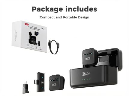 XO-MC15 Pro Wireless Lavalier Microphone System with dual clip-on mics, USB-C receiver, and charging case