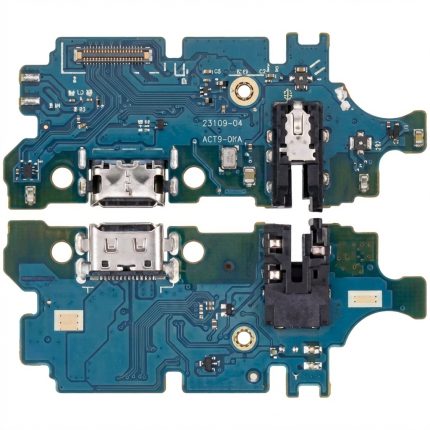 Samsung Galaxy A51 charging port board with USB-C, headphone jack, blue PCB, and mainboard connector for device repair