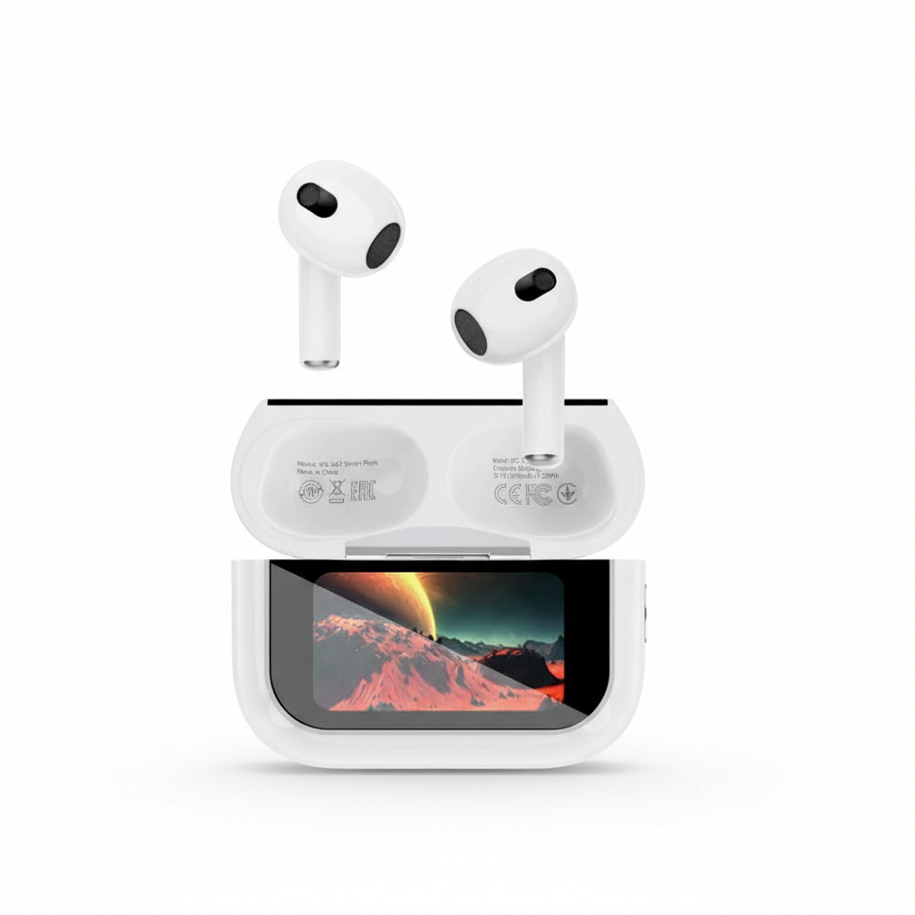 DiJ3z7.png XO-X47 Smart TWS Earbuds in classic white with LCD touchscreen charging case, compact and ergonomic design