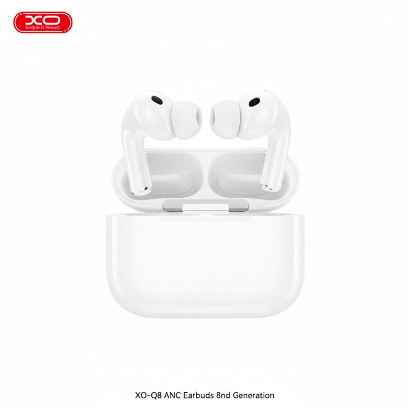 XO-Q8 ANC Wireless Earbuds 2nd Generation in white with portable charging case