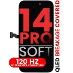 iPhone 14 Pro Soft OLED replacement screen assembly with 120Hz refresh rate, showing Dynamic Island cutout.