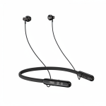 XO BS36 magnetic neckband earphones, black flexible band, LED display, magnetic metallic earbuds on white background