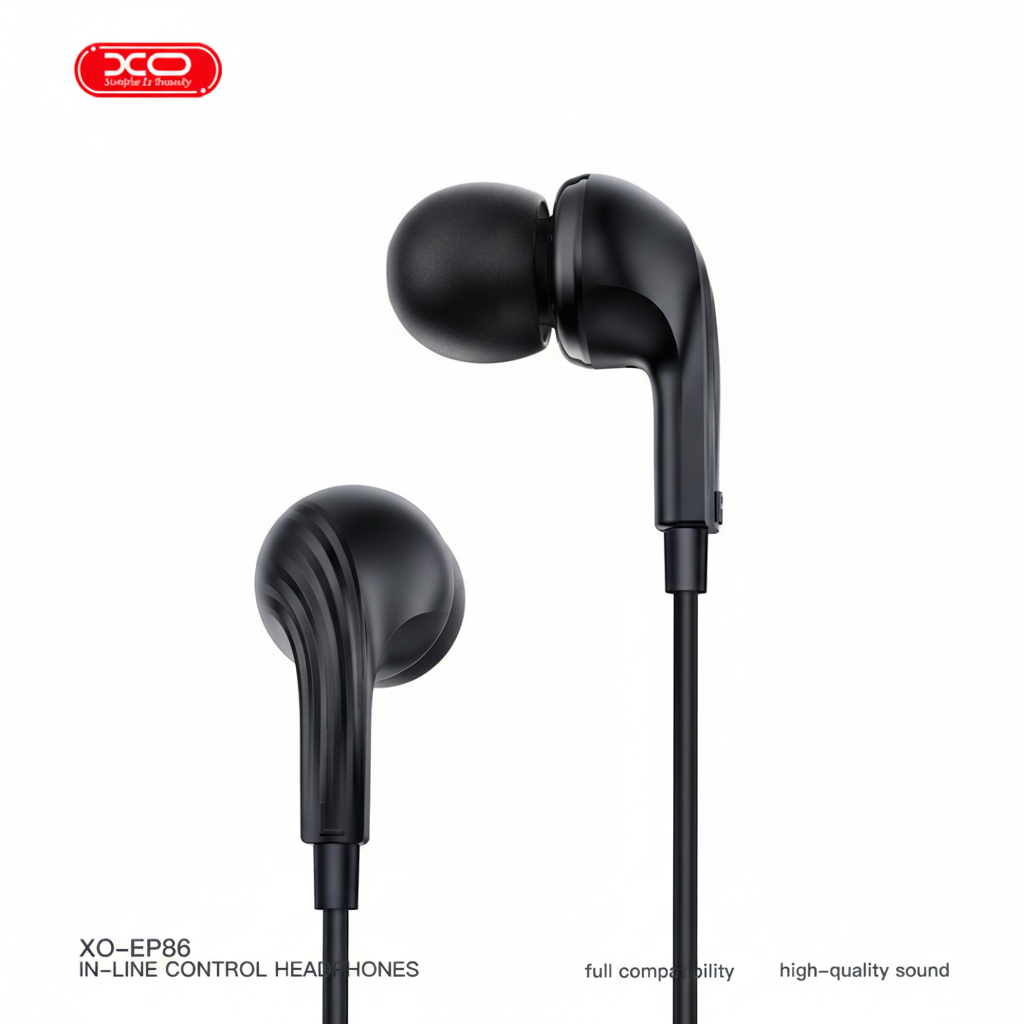 SxkfaY.png XO EP86 in-ear headphones in black with built-in microphone, ergonomic silicone ear tips, and 3.5mm gold-plated jack