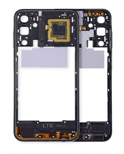 Black mid-frame housing for Samsung Galaxy A12 LTE with precise cutouts and durable polycarbonate construction