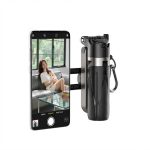 Matte black 4-in-1 magnetic mini selfie stick tripod with spring phone clip, extended and folded views