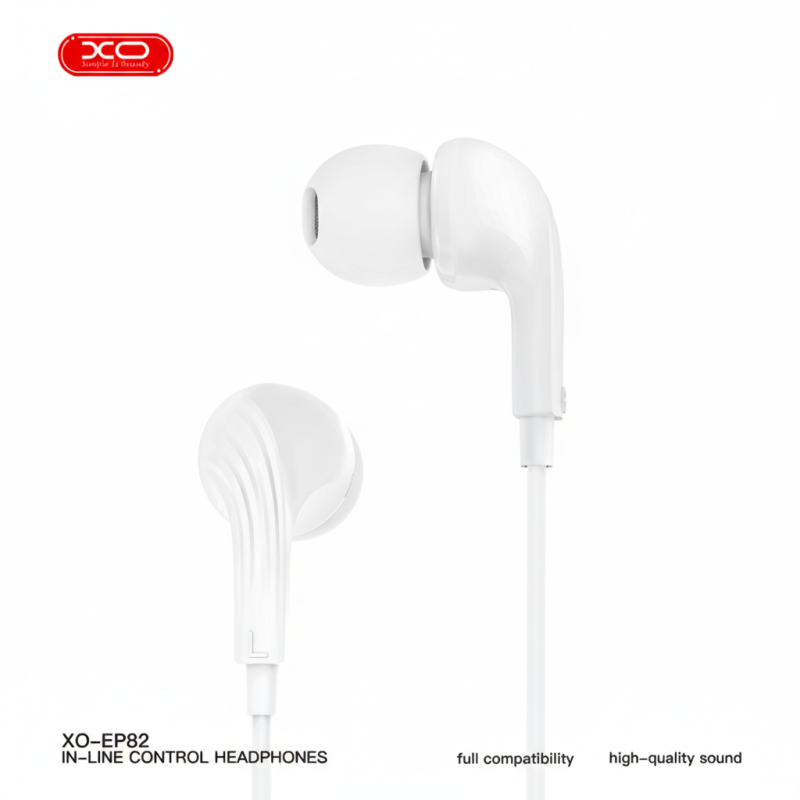 XO EP82 USB-C in-ear headphones in white, ergonomic silicone tips, in-line microphone and remote control.