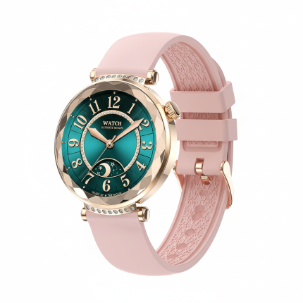 Luxury rose gold round women's smartwatch with diamond-cut bezel, pink silicone strap, and AMOLED touch display