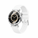 Women's AMOLED smartwatch with diamond-cut rhombus bezel, crystal accents, silver and pink straps
