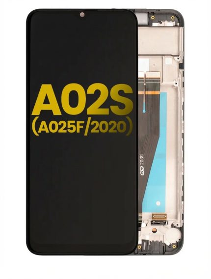 Samsung Galaxy A02s LCD display assembly with touch digitizer and black mid-frame, front view