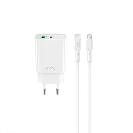 XO 30W PD wall charger in white with dual USB-C and USB-A ports, plus included USB-C to Lightning cable