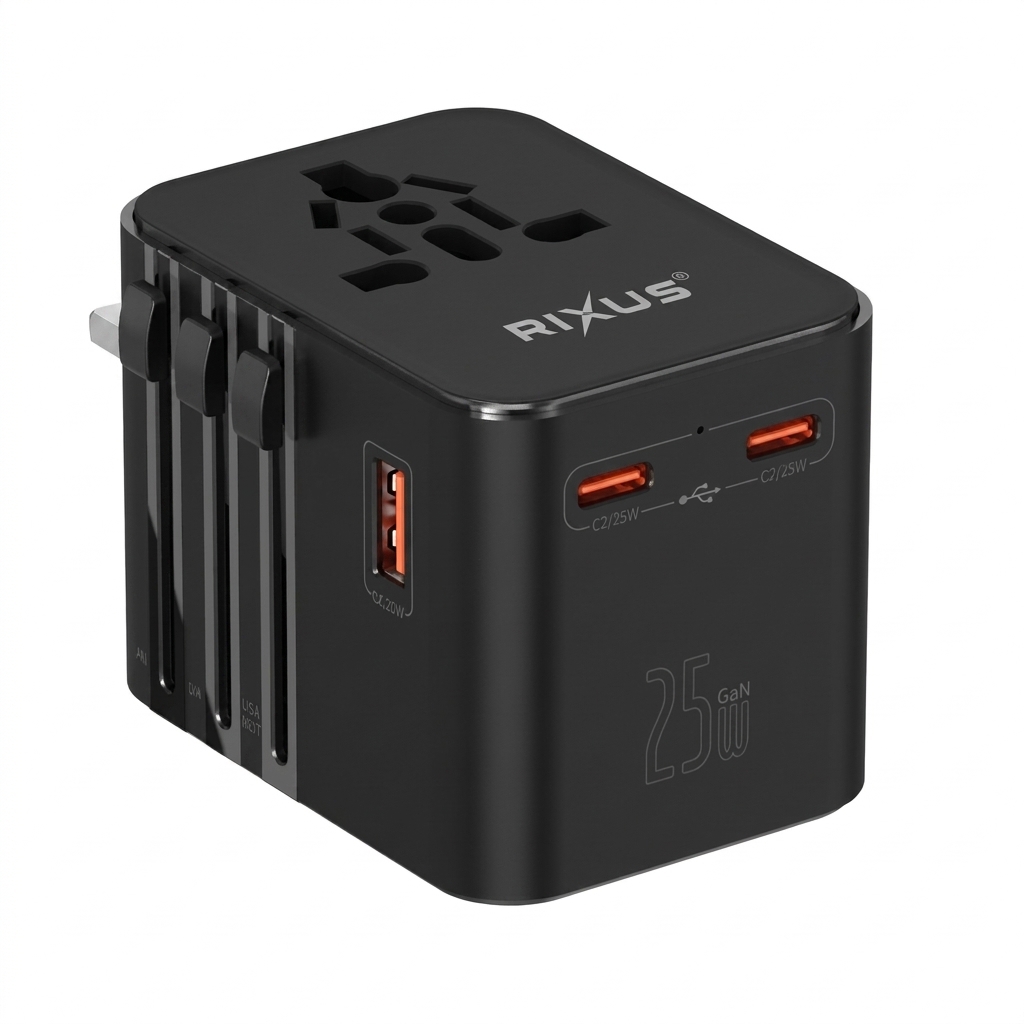 8a0vk4.jpg Rixus 25W GaN Universal Travel Adapter in matte black with triple USB ports and international plugs