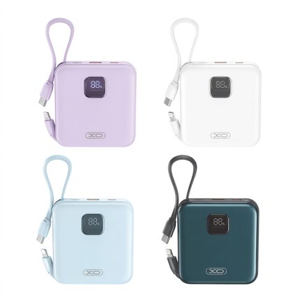 XO PR235 10000mAh purple power bank with digital display, built-in Type-C & Lightning cables, and multi-port charging