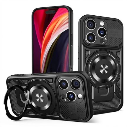 Black rugged MagSafe iPhone 16 Pro Max case with carbon fiber design and ring kickstand