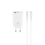 XO PD 30W white wall charger kit with USB-C & USB ports, EU plug, and USB-C to USB-C cable