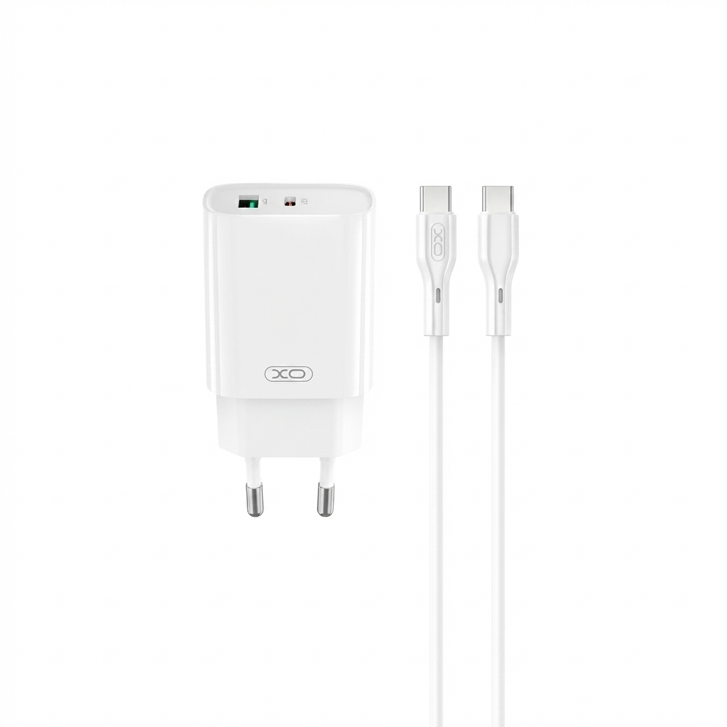 AtOFPH.jpg XO PD 30W white wall charger kit with USB-C & USB ports, EU plug, and USB-C to USB-C cable