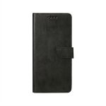 Samsung Galaxy A57 black faux leather folio wallet case with magnetic closure, slim profile, and reinforced stitching