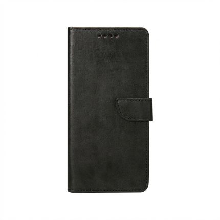 Samsung Galaxy A57 black faux leather folio wallet case with magnetic closure, slim profile, and reinforced stitching