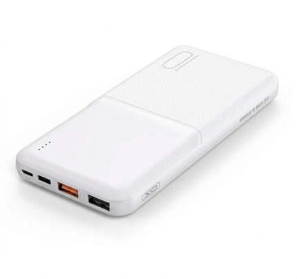 XO 10,000mAh Power Bank PR251 in white, slim dual-texture finish, dual USB ports, LED indicator