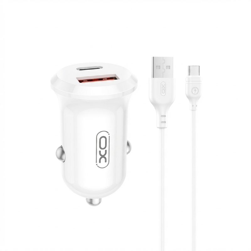 XO CC69 white 30W car charger with USB-A, USB-C ports and included USB-A to USB-C charging cable