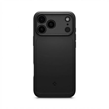 Spigen Matte Black MagSafe case for iPhone 17 Pro Max with raised camera bezel, sleek finish