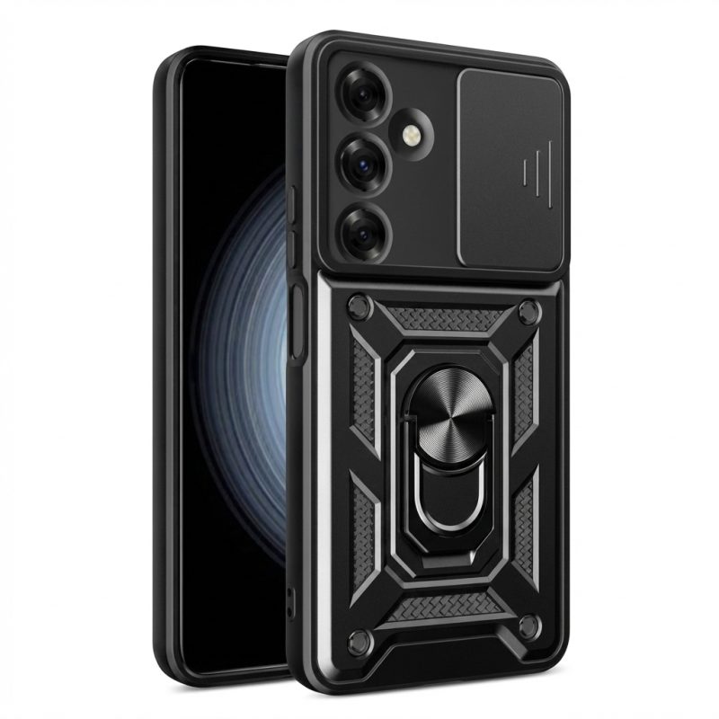Matte black Defender Slide case for Samsung Galaxy A57 5G with sliding camera cover and rotating ring