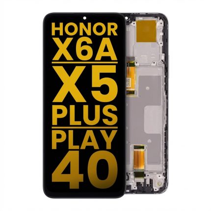 Refurbished LCD assembly with frame for Honor X6A, X5 Plus, Play 40, showing screen and touch digitizer in black.