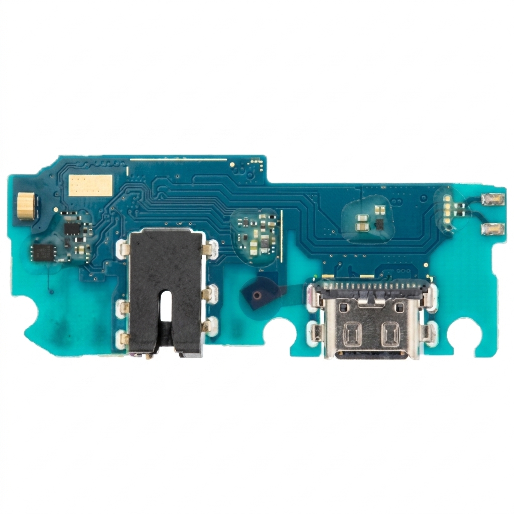 OwR08D.jpg Samsung Galaxy A12 replacement charging port and headphone jack board with integrated microphone, blue PCB