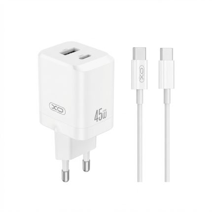 XO 45W PD Dual Port Wall Charger in white with USB-C and USB-A ports, includes two USB-C to USB-C cables