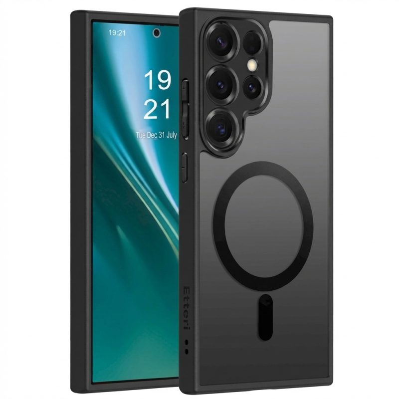 Samsung Galaxy S24 Ultra case in smoky matte black, MagSafe compatible, with camera cutouts and square-edged grip