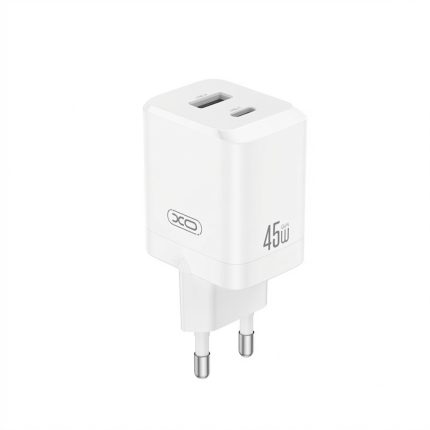 XO 45W GaN dual-port wall charger in white featuring 1 USB-C and 1 USB-A port, compact EU plug
