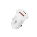 XO 30W dual port car charger in sleek white, featuring USB-C and USB-A ports for fast charging in vehicles