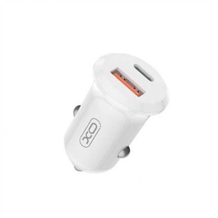 XO 30W dual port car charger in sleek white, featuring USB-C and USB-A ports for fast charging in vehicles