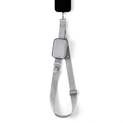 Rixus universal grey crossbody phone strap with integrated mini pouch, adjustable gold hardware, display