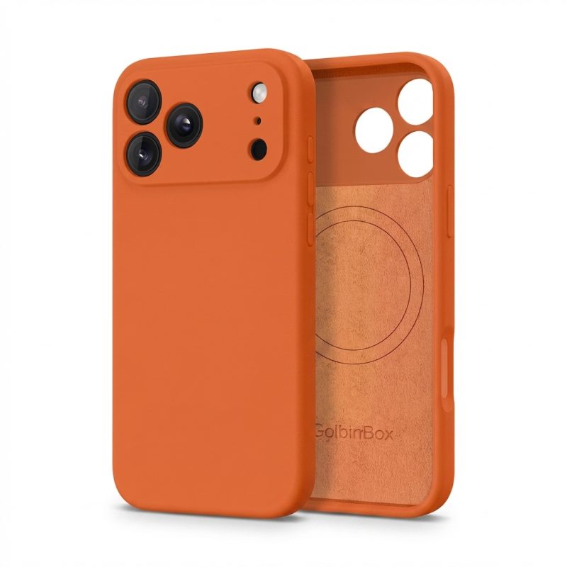 iPhone 17 Pro Max in terracotta brown MagSafe silicone case with matte finish and camera protection