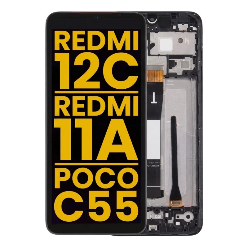 Refurbished LCD Assembly with Frame for Redmi 12C, 11A, POCO C55 in black, waterdrop notch, shown front view