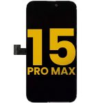 Refurbished OLED display assembly for iPhone 15 Pro Max showing front glass, touch digitizer, and camera cutouts
