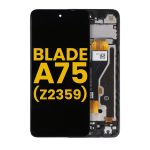 ZTE Blade A75 black LCD touch screen digitizer assembly with integrated mid-frame and punch-hole camera cutout
