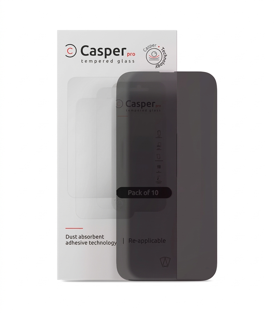 BIJVoc.jpg Casper Pro Privacy Tempered Glass Screen Protector 10-pack for iPhone 17 Pro Max and 16 Pro Max, shown with included installation accessories